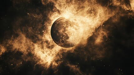 Poster - golden cosmic nebula with a celestial body surrounded by swirling clouds of gas and stars in deep sp