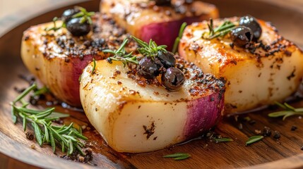 Poster - Grilled seasoned vegetables with herbs and black olives on a wooden plate with copy space