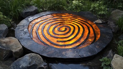 Poster - Stone spiral pattern embedded in water surrounded by rocks and greenery with Copy Space for text.
