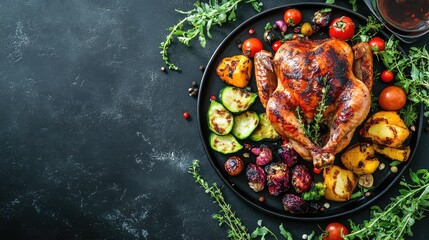 Aufkleber - Roasted chicken with vegetables and herbs on a black plate on a dark textured background with Copy Space