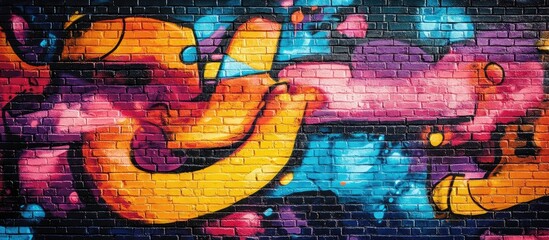Poster - Colorful abstract mural with vibrant orange and blue patterns on a textured brick wall. Copy Space available.