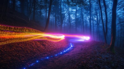 Poster - Colorful light trails in misty forest at night with illuminated path and trees in background Copy Space