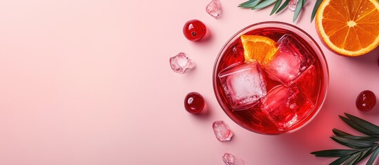 Aufkleber - Refreshing cocktail with ice cubes, cherries, orange slices, and rosemary on a pink background with copy space for text