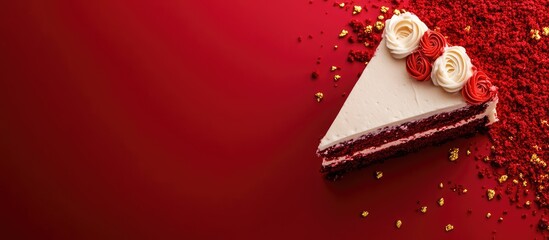 Aufkleber - Red velvet cake slice with cream cheese frosting and decorative flowers on a red background with copy space.