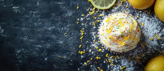 Poster - Lemon cupcake with frosting and sprinkles on dark background with whole lemons and lemon zest Copy Space