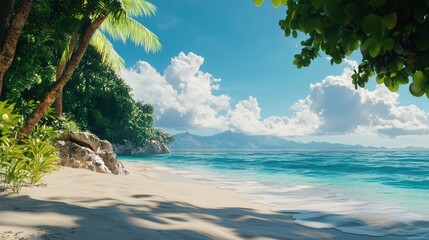 Aufkleber - Tropical beach landscape with palm trees and clear blue ocean under a bright sky with fluffy clouds and distant mountains Copy Space