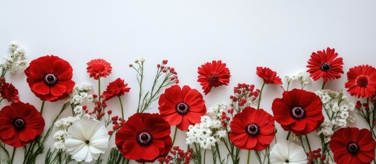 Aufkleber - Vibrant red and white flowers arranged on a light background with ample Copy Space for text insertion