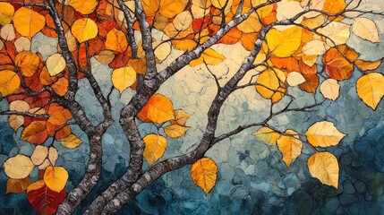 Aufkleber - Colorful autumn leaves on a tree branch with a textured background showcasing blue tones and vibrant orange and yellow foliage Copy Space