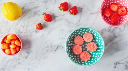 Aufkleber - Colorful bowls with assorted fruits including strawberries and lemon on a marble countertop with copy space for text