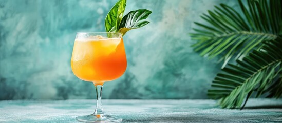 Poster - Orange tropical cocktail with ice and garnish in a glass against a textured green background with palm leaves and copy space.