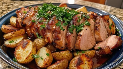 Aufkleber - Roasted pork tenderloin with herbs served on a plate with golden roasted potatoes and fresh parsley on top Copy Space