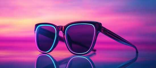 Poster - Retro sunglasses with neon outline on reflective surface against a colorful gradient background Copy Space