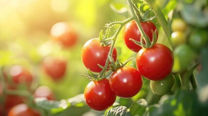 Aufkleber - Fresh red cherry tomatoes growing on vine in a garden with natural sunlight and green leaves Copy Space