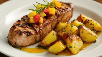 Aufkleber - Grilled salmon fillet with mango salsa and roasted potatoes garnished with herbs on a plate with Copy Space