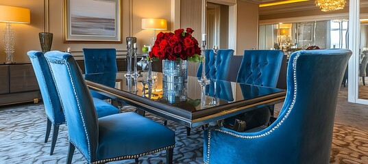 Poster - An elegant dining room with a crystal chandelier, plush chairs, and a dark wood table
