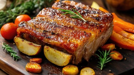 Aufkleber - Grilled pork roast with crispy skin served on a wooden cutting board with assorted roasted vegetables and herbs Copy Space