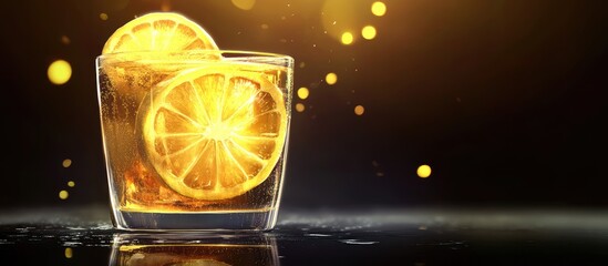 Poster - Glass of refreshing iced tea with lemon slices and bokeh effect on dark background Copy Space