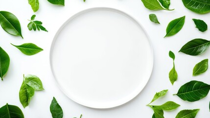 Poster - White plate surrounded by fresh green leaves on a white background Copy Space