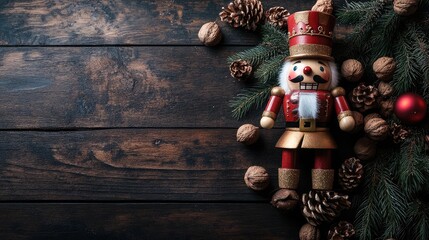 Aufkleber - Christmas Nutcracker Figurine Surrounded by Pine Cones Walnuts and Evergreen Branches on Wooden Surface with Copy Space