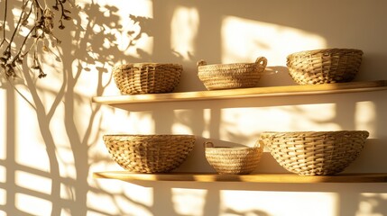 Aufkleber - Woven baskets on wooden shelves casting shadows on a wall with natural light and botanical elements Copy Space