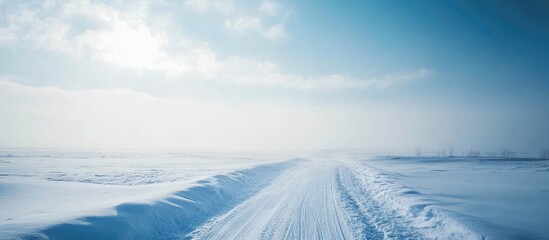 Aufkleber - winter road covered in snow under a blue sky with soft clouds and ample copy space for text