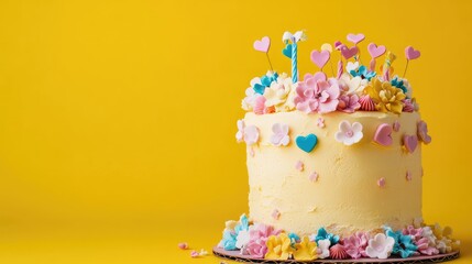 Poster - Colorful birthday cake with decorative flowers and hearts on a bright yellow background Copy Space