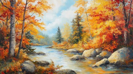 Poster - Colorful autumn landscape with river, trees and rocks in vivid fall foliage, perfect for nature themed projects, Copy Space available