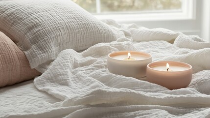 Poster - Cozy bedroom setting with two lit candles on a crumpled white blanket and soft pillows near a window Copy Space