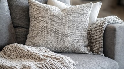 Aufkleber - Textured gray throw pillow on a gray sofa with a knitted blanket and additional decorative pillows visible, Copy Space