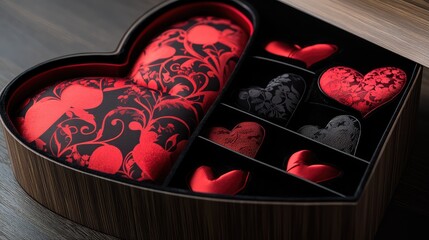 Aufkleber - Heart-shaped gift box with decorative red and black hearts inside arranged for special occasions Copy Space