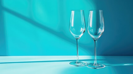 Aufkleber - Two elegant empty wine glasses on a turquoise background with soft shadows and copy space for text insertion