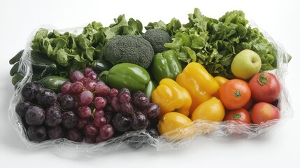 Poster - Fresh assorted vegetables and fruits in plastic packaging with copy space for text