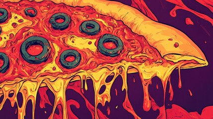 Poster - Colorful illustration of pizza slice with olives and melted cheese on vibrant background Copy Space