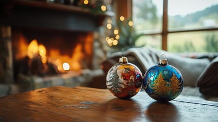 Aufkleber - Christmas ornaments on a rustic wooden table with a decorated fireplace in the background and festive lights, Copy Space available.