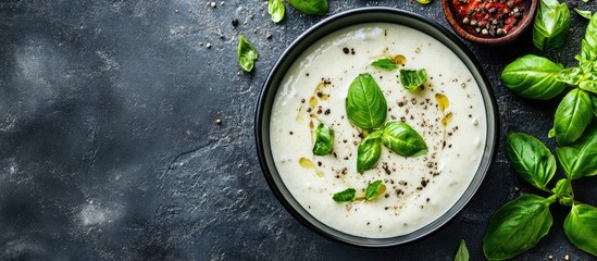 Poster - Creamy soup in black bowl garnished with fresh basil leaves on dark stone background with copy space for text