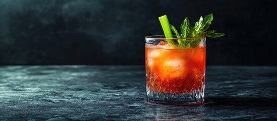 Poster - Cocktail glass with ice and garnished with celery and herbs on dark marble background Copy Space
