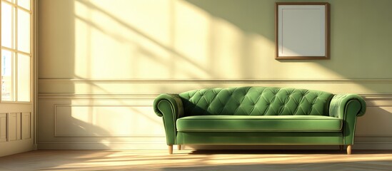 Fototapete - Green tufted sofa in softly lit room with hardwood floor and empty picture frame on the wall Copy Space