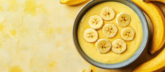 Aufkleber - Banana smoothie bowl topped with sliced bananas on yellow background with copy space