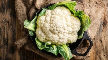 Poster - Fresh cauliflower head placed on leafy greens in a cast iron skillet on a wooden table with burlap fabric Copy Space