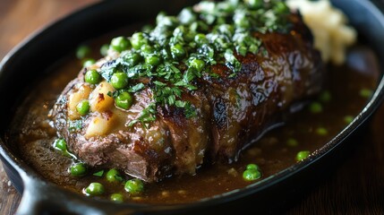 Poster - Juicy beef roast with herbs and green peas served in a cast iron skillet with mashed potatoes and rich gravy Copy Space