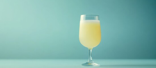 Poster - Mimosa cocktail in a tall glass on a blue background with Copy Space for text addition