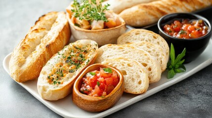Poster - Assorted gourmet bread with toppings including bruschetta and a side of tomato salsa on a rectangular plate with copy space