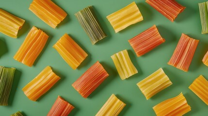 Poster - Colorful pasta shapes scattered on a green background with ample copy space for text placement