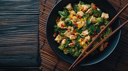Aufkleber - Stir-fried chicken and vegetables on a black plate served with chopsticks on a wooden table Copy Space