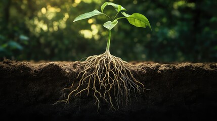 Poster - Young plant sprouting with exposed roots in rich soil against a blurred green background Copy Space