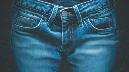 Poster - Close-up of blue denim jeans with a button and pockets against a dark background Copy Space