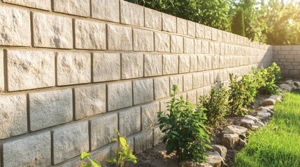 Poster - Stone garden wall with sunlight casting shadows in a landscaped area featuring green plants and a grassy lawn. Copy Space.