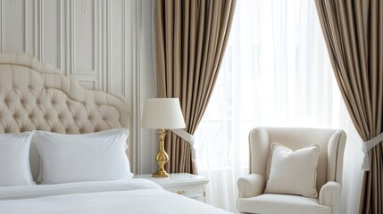 Poster - Elegant bedroom interior with a tufted headboard, white linens, lamp, and draped curtains, featuring Copy Space for text placement.