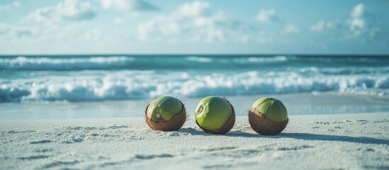 Aufkleber - Coconuts on sandy beach with ocean waves in background Copy Space