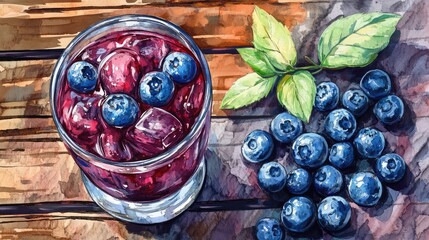 Poster - Blueberry drink with ice cubes in a glass on wooden surface alongside fresh blueberries and green leaves Copy Space